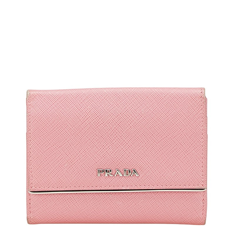 プラダ 二つ折り財布 ピンク シルバー レザー レディース PRADA 【中古】