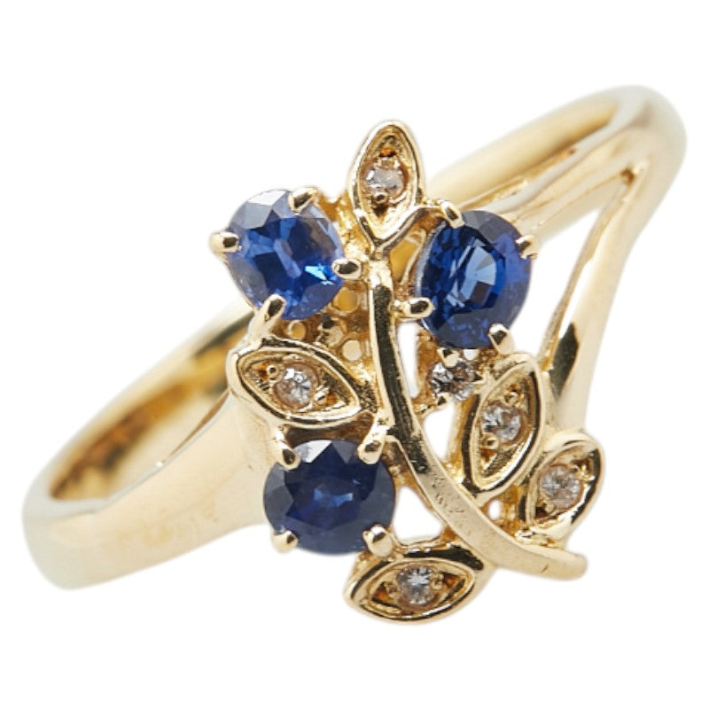 K18YG イエローゴールド サファイア ダイヤ 植物 リーフ リング 指輪 レディース 19号 【中古】