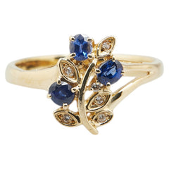 K18YG イエローゴールド サファイア ダイヤ 植物 リーフ リング 指輪 レディース 19号 【中古】