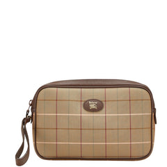 バーバリー チェック セカンドバッグ ポーチ カーキグリーン ブラウン キャンバス レザー レディース BURBERRY 【中古】
