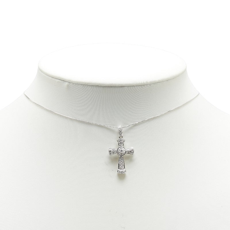 K18WG ホワイトゴールド ダイヤ0.35ct クロス 十字架 モチーフ ベネチアンチェーン ネックレス レディース 【中古】