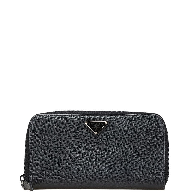 プラダ 三角ロゴプレート サフィアーノ ラウンドファスナー 長財布 ブラック レザー レディース PRADA 【中古】