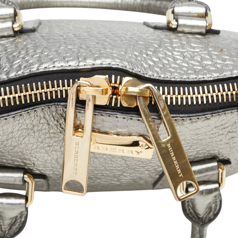 バーバリー ロゴプレート ハンドバッグ ショルダーバッグ 2WAY シルバー レザー レディース BURBERRY 【中古】