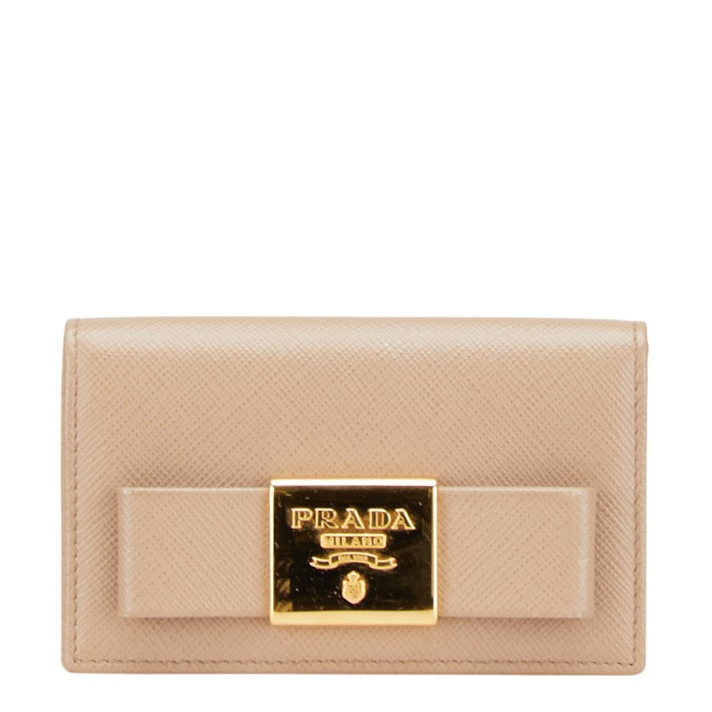 プラダ リボン ロゴプレート カードケース 名刺入れ 1MC122 ベージュ レザー レディース PRADA 【中古】