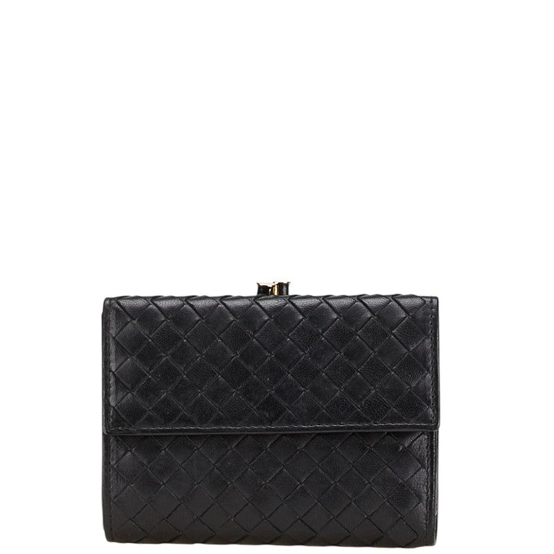 ボッテガヴェネタ イントレチャート がま口 三つ折り財布 ブラック レザー レディース BOTTEGAVENETA 【中古】