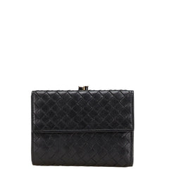 ボッテガヴェネタ イントレチャート がま口 三つ折り財布 ブラック レザー レディース BOTTEGAVENETA 【中古】