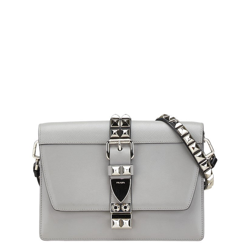 プラダ スタッズ 斜め掛け ショルダーバッグ グレー レザー レディース PRADA 【中古】