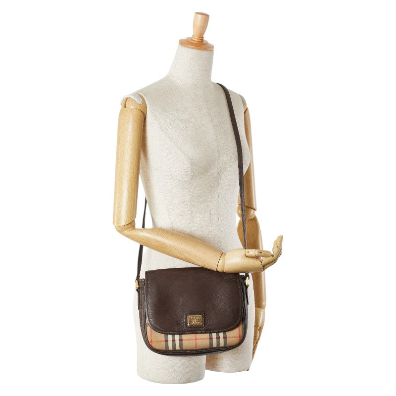 バーバリー ノバチェック シャドーホース ショルダーバッグ ベージュ ブラウン キャンバス レザー レディース BURBERRY 【中古】