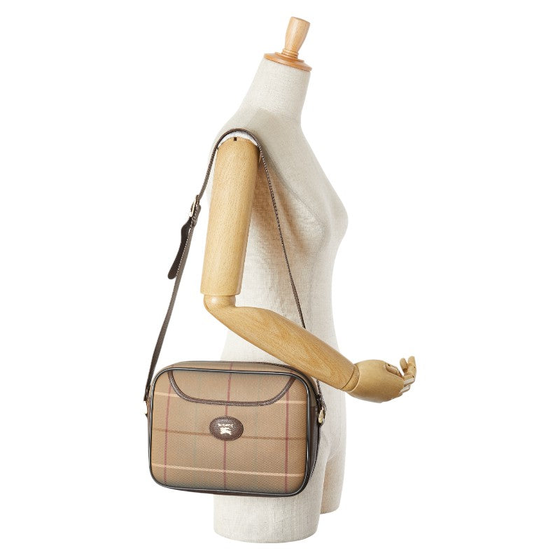 バーバリー チェック ショルダーバッグ カーキ ブラウン キャンバス レザー レディース BURBERRY 【中古】