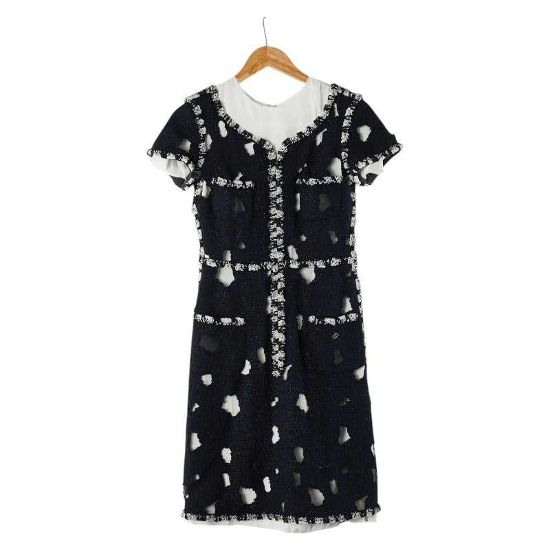 シャネル ワンピース ツイード サイズ：34 P41136W04915 ネイビー ホワイト コットン アクリル レディース CHANEL 【中古】