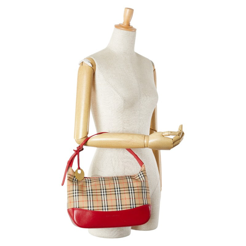 バーバリー ノバチェック シャドーホース ワンショルダーバッグ レッド マルチカラー レザー キャンバス レディース BURBERRY 【中古】