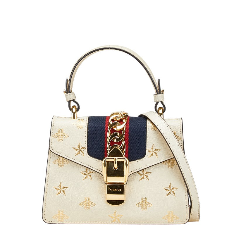 グッチ シルヴィ ビー スター ハンドバッグ ショルダーバッグ 2WAY 470270 ホワイト ゴールド レザー レディース GUCCI 【中古】