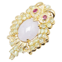 K18YG イエローゴールド ダイヤ0.40ct ラベンダーヒスイ17.97ct キャッツアイ7.86ct ルビー0.53ct フクロウ ブローチ レディース 【中古】