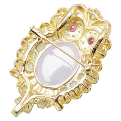 K18YG イエローゴールド ダイヤ0.40ct ラベンダーヒスイ17.97ct キャッツアイ7.86ct ルビー0.53ct フクロウ ブローチ レディース 【中古】
