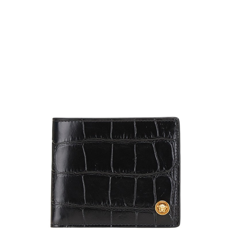 ヴェルサーチェ メデューサ クロコ型押し 二つ折り財布 ブラック レザー レディース VERSACE 【中古】