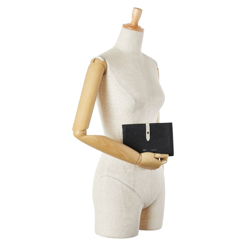 セリーヌ ラージ ストラップウォレット バイカラー 長財布 ブラック グレー レザー レディース CELINE 【中古】