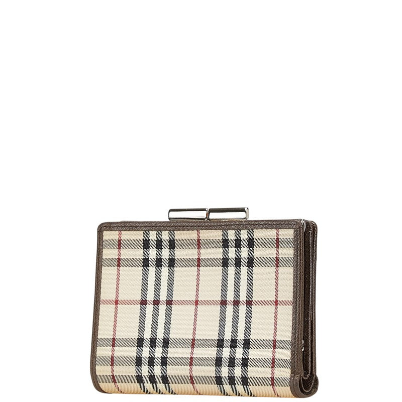 バーバリー ノバチェック 二つ折り財布 ベージュ ブラウン キャンバス レザー レディース BURBERRY 【中古】