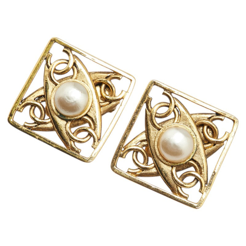 シャネル ヴィンテージ ココマーク ひし形 イヤリング ゴールド メッキ フェイクパール レディース CHANEL 【中古】