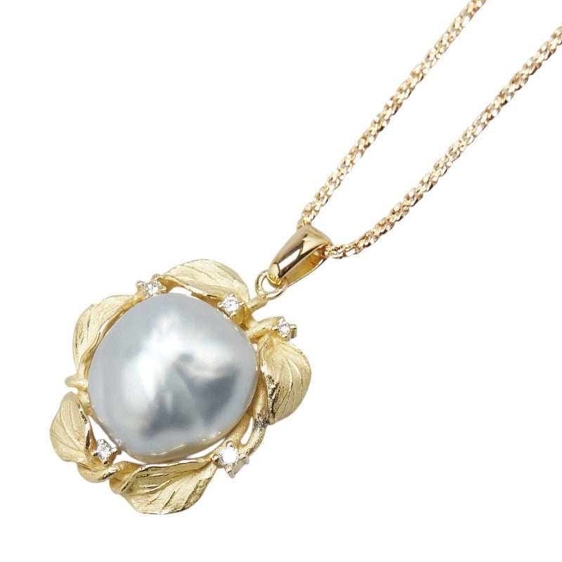 K18YG イエローゴールド 白蝶真珠約15.6mm ダイヤ0.09ct リーフ 葉 モチーフ ペンダントネックレス レディース 【中古】