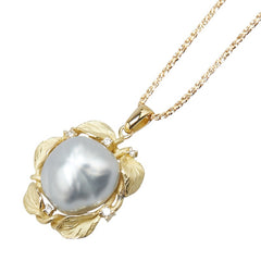 K18YG イエローゴールド 白蝶真珠約15.6mm ダイヤ0.09ct リーフ 葉 モチーフ ペンダントネックレス レディース 【中古】