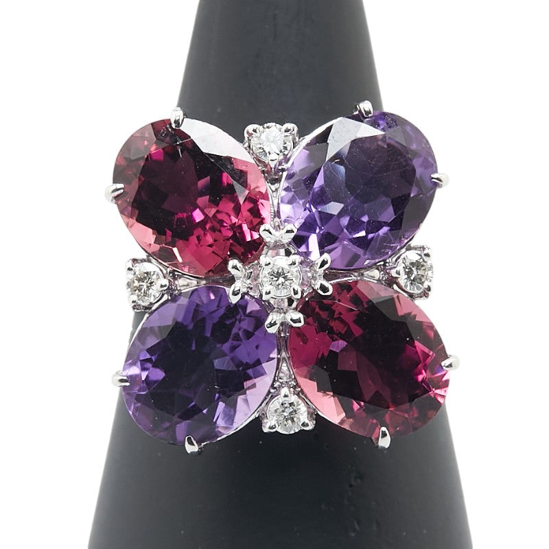 K18WG ホワイトゴールド ダイヤ0.20ct ガーネット4.94ct アメジスト3.97ct 花 フラワー モチーフ リング 指輪 レディース 13号 【中古】