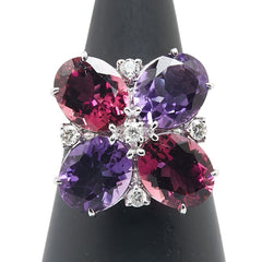 K18WG ホワイトゴールド ダイヤ0.20ct ガーネット4.94ct アメジスト3.97ct 花 フラワー モチーフ リング 指輪 レディース 13号 【中古】