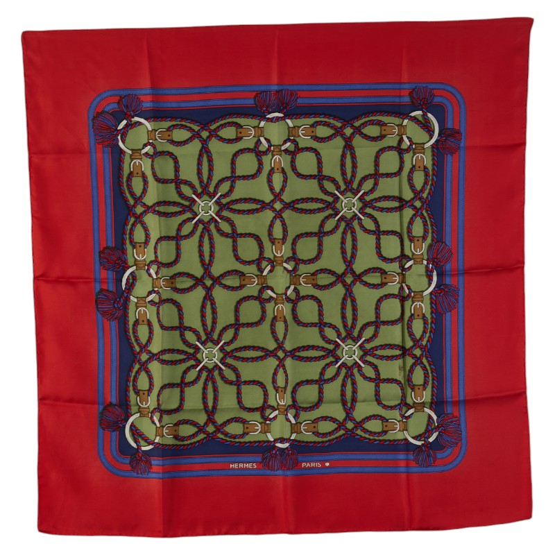 エルメス カレ80 ロープ ベルト タッセル スカーフ レッド グリーン マルチカラー シルク レディース HERMES 【中古】