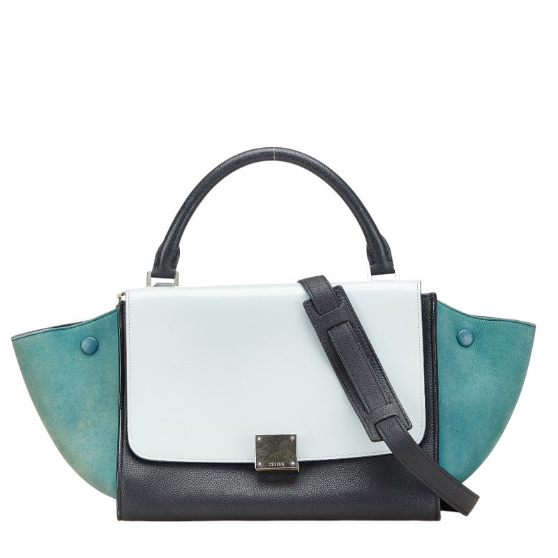 セリーヌ トラペーズ スモール ハンドバッグ ショルダーバッグ 2WAY ブラック ブルー レザー スウェード レディース CELINE 【中古】