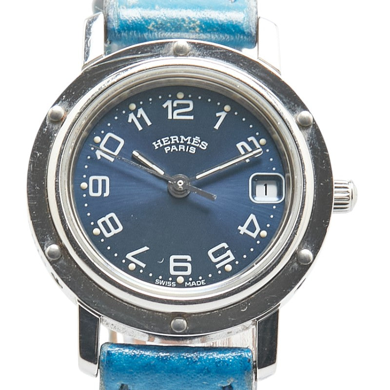 エルメス クリッパー 腕時計 CL4.210 クオーツ ネイビー文字盤 ステンレススチール レザー レディース HERMES 【中古】