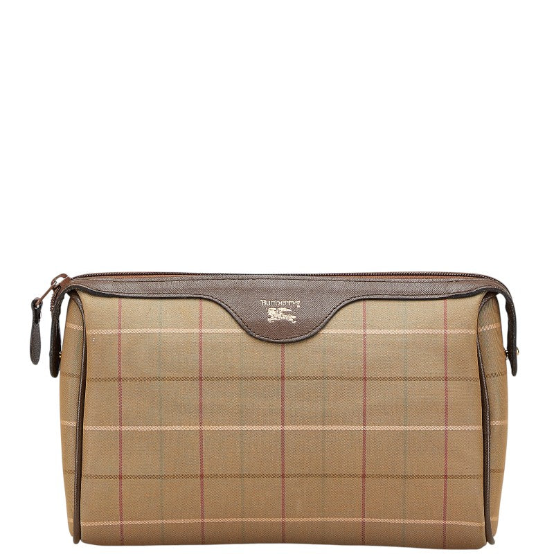 バーバリー チェック セカンドバッグ ポーチ カーキ ブラウン キャンバス レザー レディース BURBERRY 【中古】