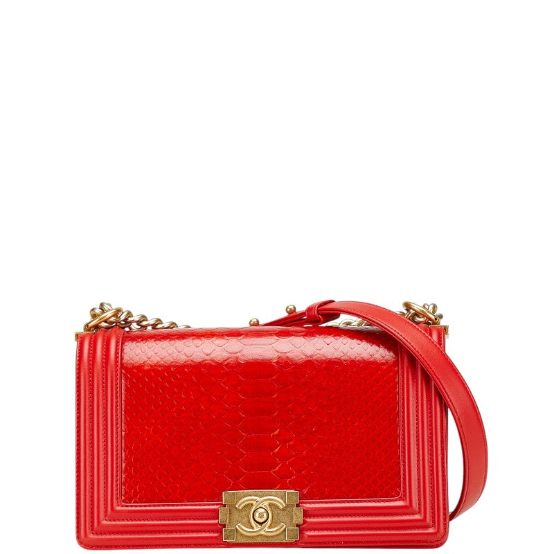 シャネル ココマーク ボーイシャネル25 斜め掛け チェーン ショルダーバッグ レッド ラムスキン パイソン レディース CHANEL 【中古】