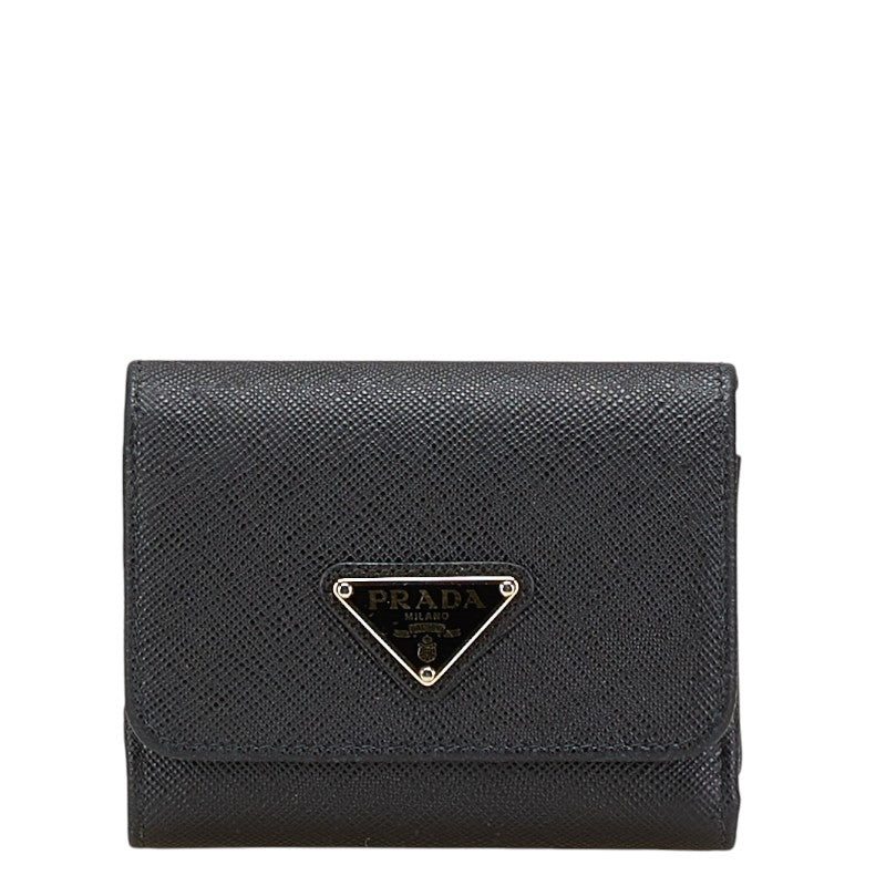 プラダ 三角ロゴプレート 二つ折り財布 ブラック レザー レディース PRADA 【中古】
