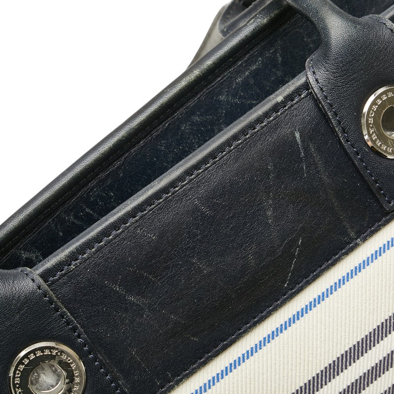 バーバリー ボーダー トートバッグ ハンドバッグ アイボリー ネイビー キャンバス レザー レディース BURBERRY 【中古】