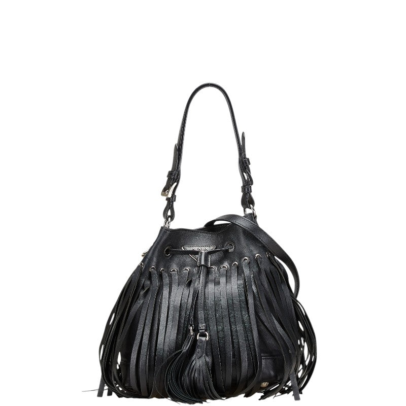 プラダ 三角ロゴプレート タッセル ショルダーバッグ ハンドバッグ 2WAY ブラック レザー レディース PRADA 【中古】