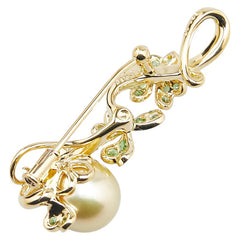 K18YG イエローゴールド ダイヤ0.15ct 白蝶真珠11mm グリーングロッシュラー1.15ct 三つ葉 クローバー モチーフ ブローチ レディース 【中古】