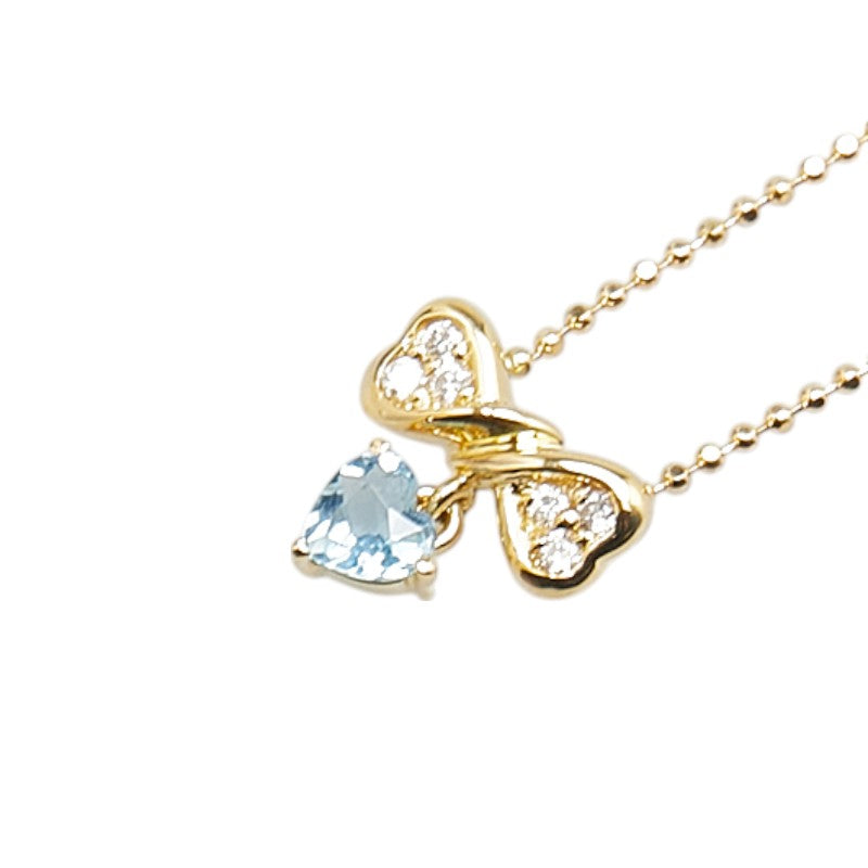 K18YG イエローゴールド アクアマリン ダイヤ0.07ct リボン ハート モチーフ ペンダントネックレス レディース 【中古】