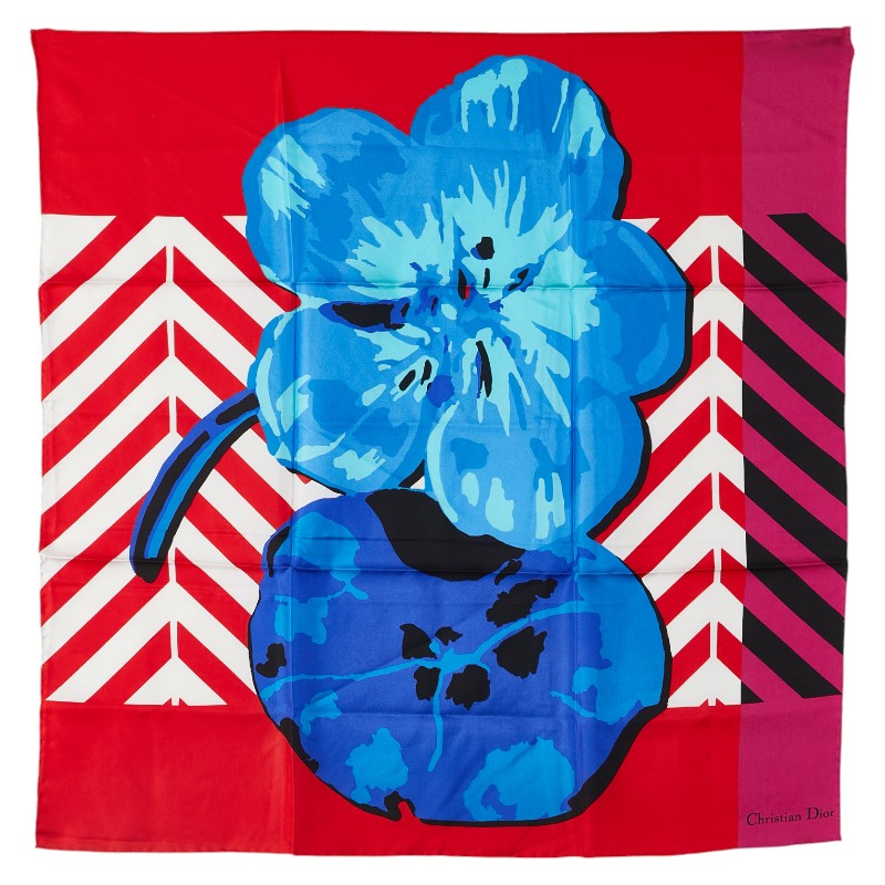 ディオール 花 フラワー モチーフ スカーフ レッド ブルー マルチカラー シルク レディース Dior 【中古】