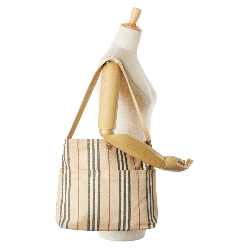 バーバリー ストライプ ワンショルダーバッグ ベージュ キャンバス レザー レディース BURBERRY 【中古】