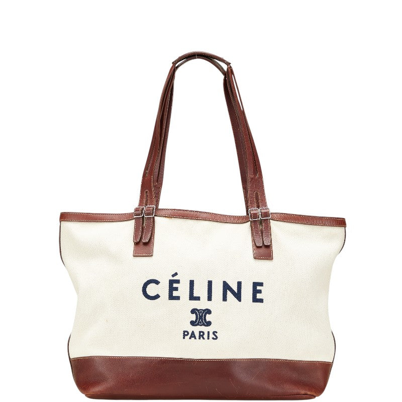 セリーヌ ロゴ トートバッグ ショルダーバッグ アイボリー ブラウン キャンバス レザー レディース CELINE 【中古】