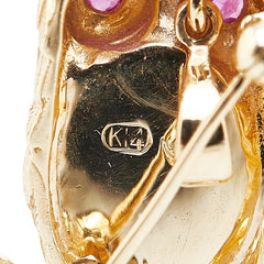 K14YG イエローゴールド ガーネット ルビー 梟 フクロウ モチーフ ブローチ ペンダントトップ レディース 【中古】