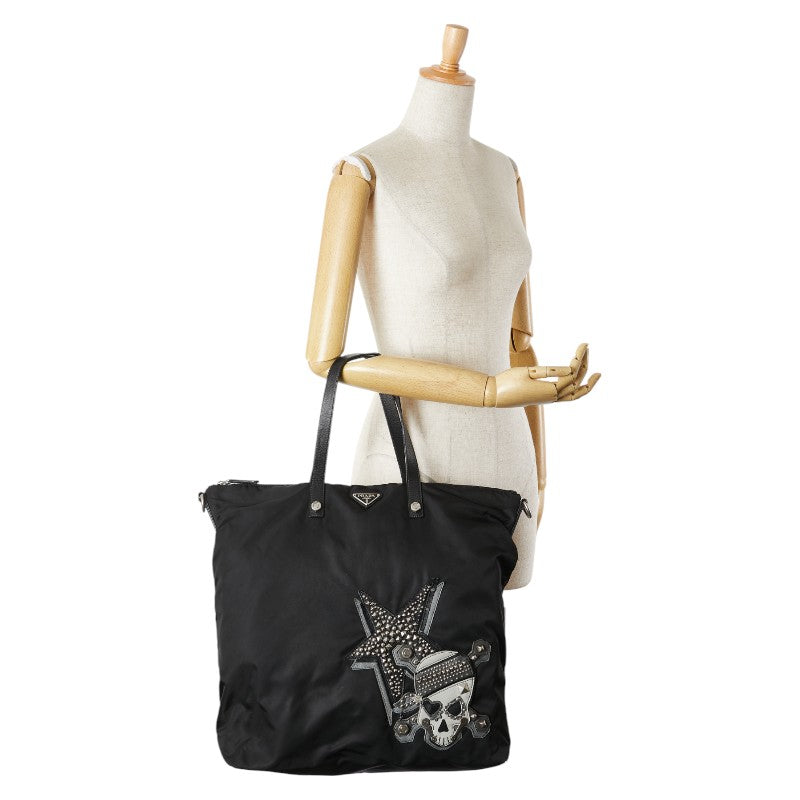 プラダ ドクロ スカル スタッズ ハンドバッグ トートバッグ ブラック ナイロン レザー レディース PRADA 【中古】