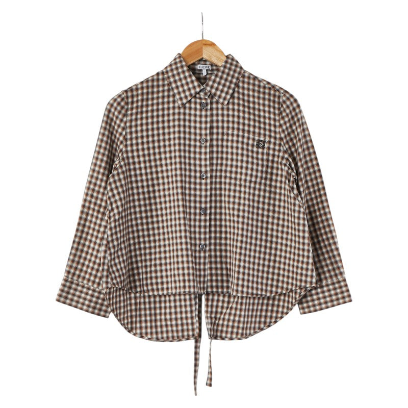 ロエベ チェック アナグラム 長袖シャツ サイズ:34 ブラウン ブラック コットン ポリエステル レディース LOEWE 【中古】