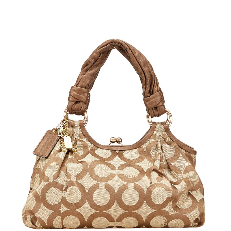 コーチ シグネチャー オブアート がま口 トートバッグ 13441 ベージュ ブラウン キャンバス レザー レディース COACH 【中古】