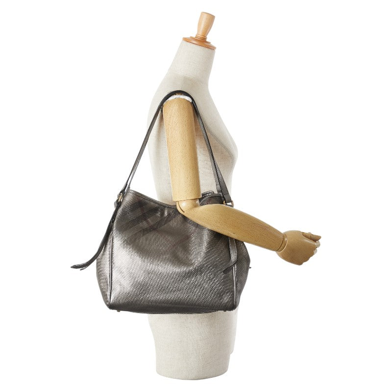 バーバリー チェック トートバッグ ショルダーバッグ グレー PVC レザー レディース BURBERRY 【中古】