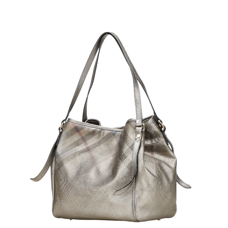 バーバリー チェック トートバッグ ショルダーバッグ グレー PVC レザー レディース BURBERRY 【中古】