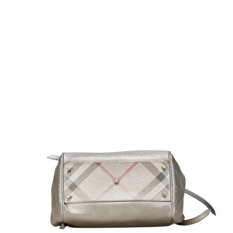 バーバリー チェック トートバッグ ショルダーバッグ グレー PVC レザー レディース BURBERRY 【中古】