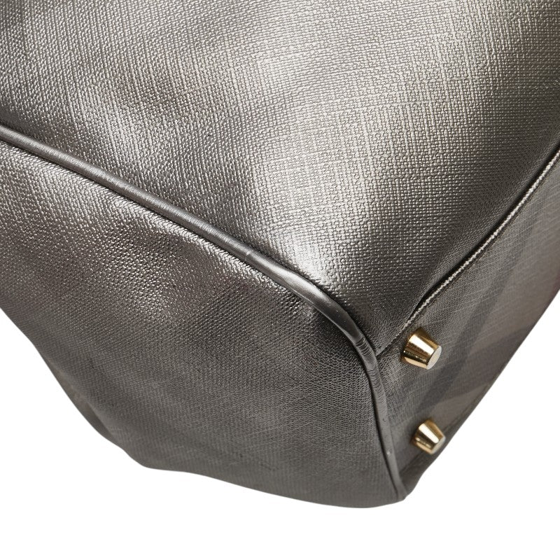 バーバリー チェック トートバッグ ショルダーバッグ グレー PVC レザー レディース BURBERRY 【中古】