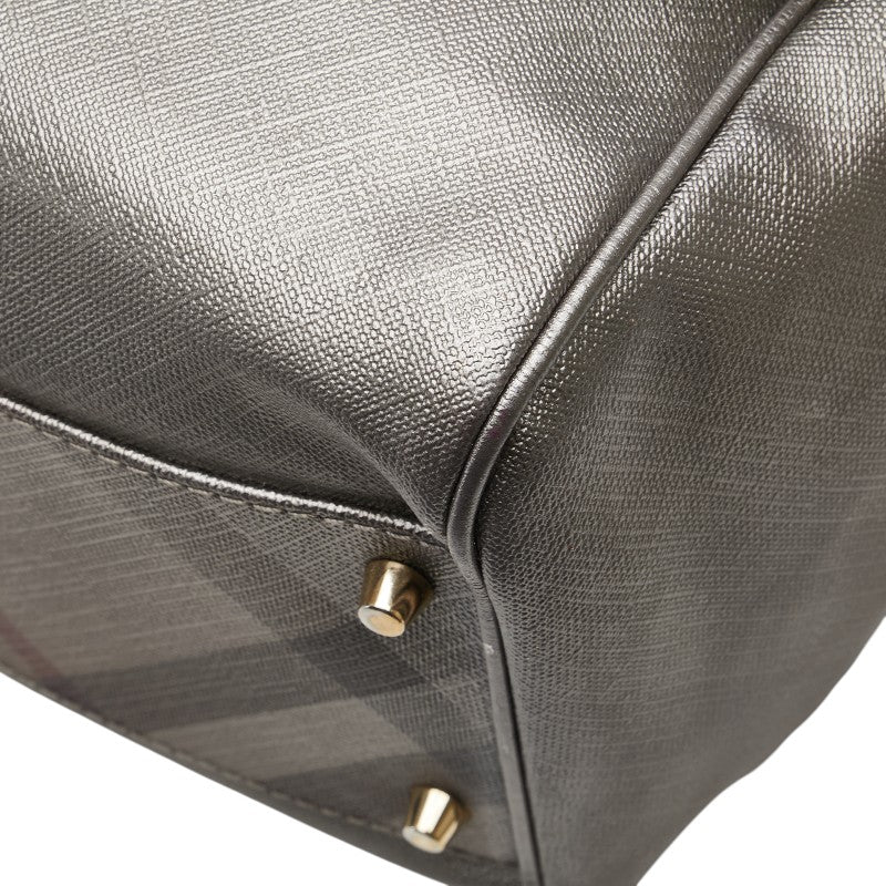 バーバリー チェック トートバッグ ショルダーバッグ グレー PVC レザー レディース BURBERRY 【中古】
