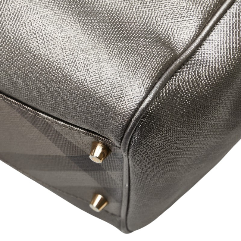 バーバリー チェック トートバッグ ショルダーバッグ グレー PVC レザー レディース BURBERRY 【中古】