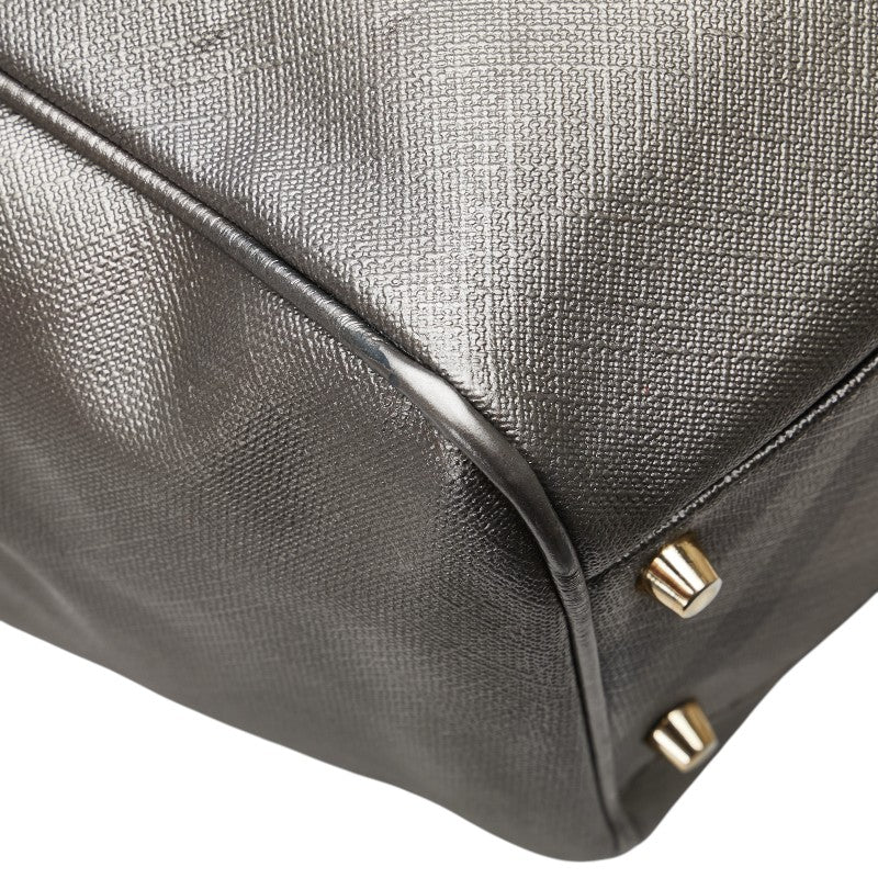 バーバリー チェック トートバッグ ショルダーバッグ グレー PVC レザー レディース BURBERRY 【中古】